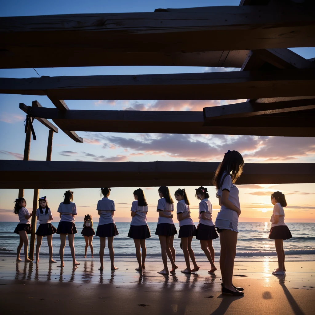 ((ExtremelyDetailed (12 KAWAII Girls in a row:1.37) at Dusk Enoshima Beach)), (masterpiece TopQuality) (photorealistic:1.37), {(Standing Full Body:1.2)|(from below:1.2)}, Different types of hair colors, {School Uniform|naked bandage|tutu}, PUNIPUNI, Joyful Expressions LifeLike Rendering, PerfectLighting, (nipples:0.8)