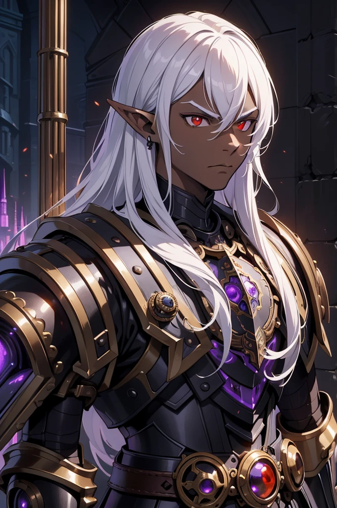 masterpiece, best quality, ultra high res, 4k,dark theme, 1boy, (dungeonpunk armor), (mechanical steampunk armor), (wearing armor), fantasy illustration, dark skinned, human, upper body, portrait, red eyes, long white hair, half-drow, pointy ears, serious face, young man, dramatic lighting, purple hue, art by Kinema Citrus