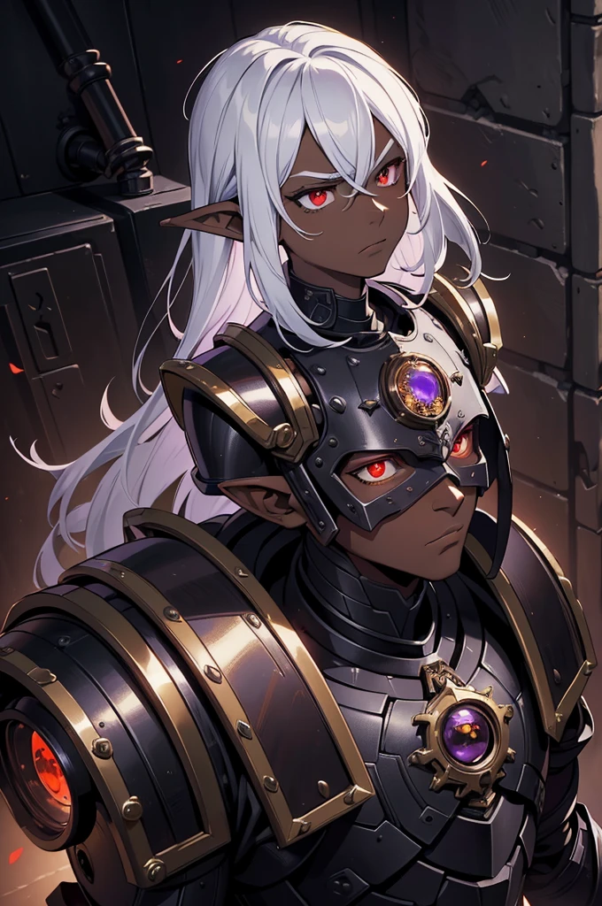 masterpiece, best quality, ultra high res, 4k,dark theme, 1boy, (dungeonpunk armor), (mechanical steampunk armor), (wearing armor), fantasy illustration, dark skinned, human, upper body, portrait, red eyes, long white hair, half-drow, pointy ears, serious face, young man, dramatic lighting, purple hue, art by Kinema Citrus