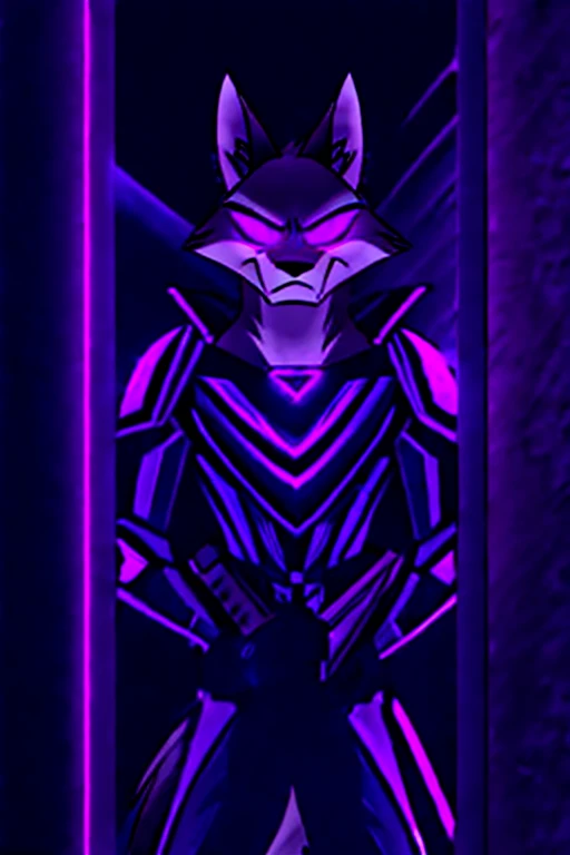 Dead Wolf (masterpiece, best quality:1.2), Vortex hellhound, male bodyguard, wolf, furry, helluva boss, hypnotized with glowing purple eyes, angry serious face, wearing futuristic armor, using a Pulse Rifle, Energy Rifle, Futuristic assault rifle, guarding the door of a luxury room background