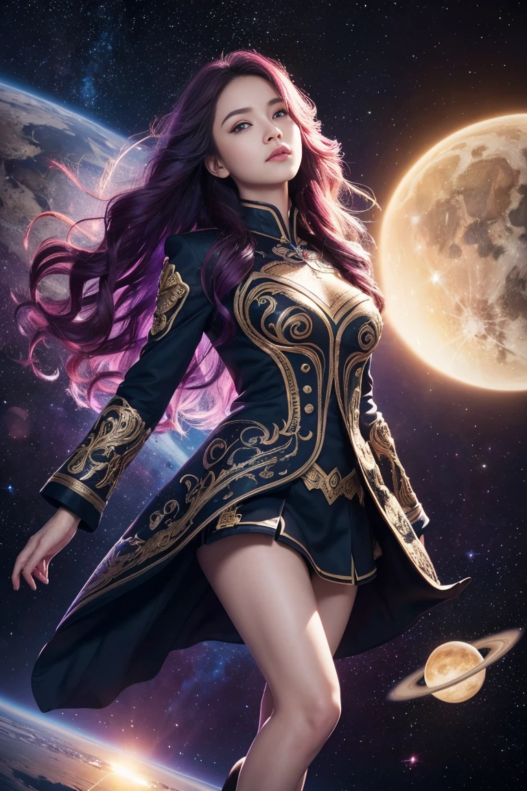 amazing looking young woman, cute, large eyes, looking up at space, whimsical, intricate, audaciously detailed fantasy, long wavy purple hair, 64 megapixels, 8K, HDR, charming, epic colors, painted by Fiona Staples, light and shadows, 4k, starry brilliance, HD, detailed fantasy, digital art (фотореализм, высокое качество, Деталь, шедевр, Лучшее качество:1.2), плиссированный (красный) (пухлый) юбка ((full knee length юбка)), черные ботинки