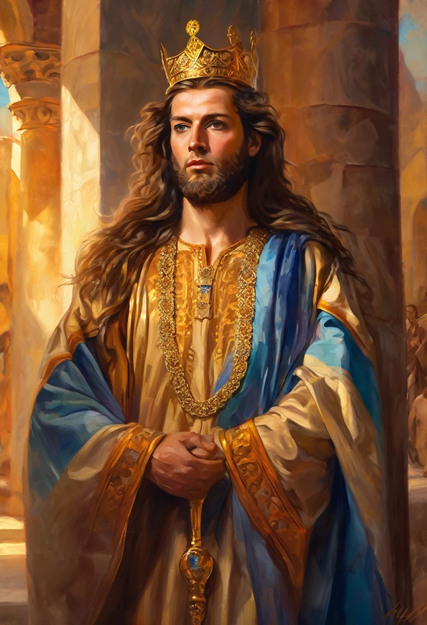 King David standing, proud body highlighting his power and glory detailed portrait, tails, long brown hair, royal robe, majestic background, ancient city, golden light, wise expression, Historical accuracy, oil painting, complex brush strokes, swirly vibrant colors.