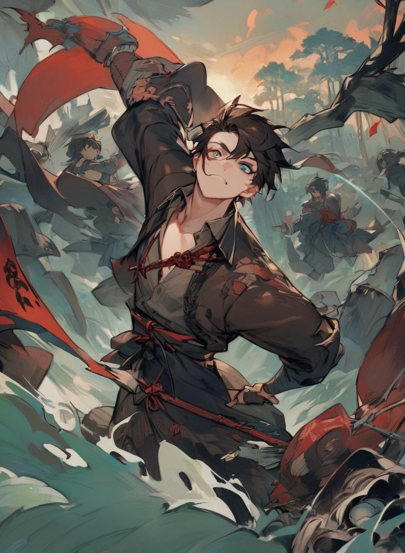 young man ,Male Dark, dark Woods,Red & Black colors, odd eye, samurai dnd, pirate background