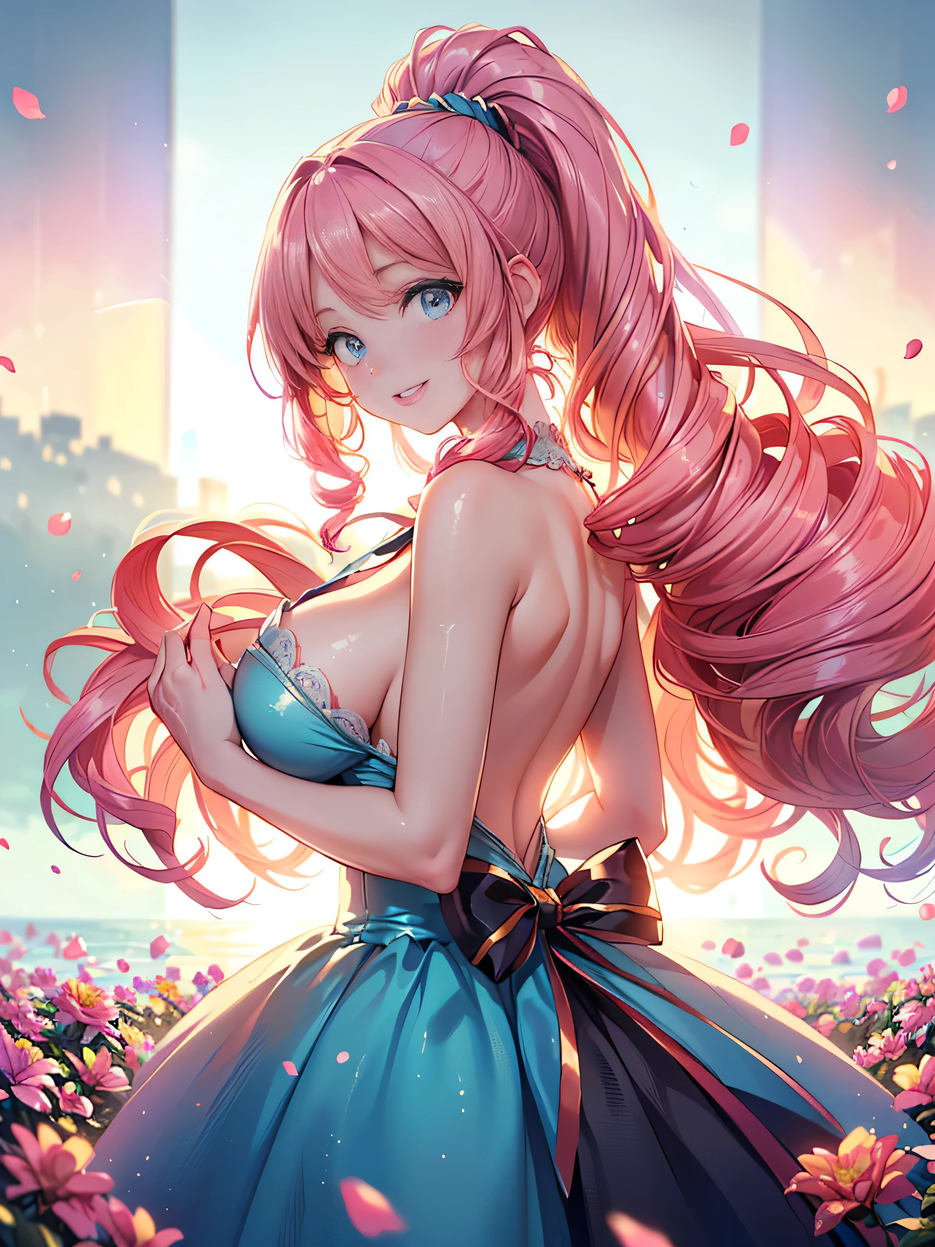 ((Moe anime art style:1.2)), (((masterpiece))), (((best quality))), ((ultra detailed)), (illustration), ((an extremely delicate and beautiful)), ((super detailed skin)), (((8K))), (((solo girl))), (18 years old), ((upper body)), (((from behind, portrait, face only)), (((Super Definition and Beautiful Face))), ((Beautiful Lips, Beautiful Eyes)), (((smile, water eye))), bangs, (((Pink Hair, Fluffy ponytail, Curly Hair, Expressive hair, very voluminous long hair))), BREAK ((Pale pink taffeta material)), ((Dense lace, Long train, Lots of frills)), (((Full-length crinoline hoop skirt, Beautiful and luxurious Rococo Victorian ball gown dress))), BREAK (((gigantic breasts))) , (breast focus), ((Flowing petals)), Particles of light pouring down, ((A large number of colorful flowers)), ((A woman stands on a hill covered with flowers)), ((magnificent panorama view:1.5)), ((very wide shot:1.5)), ((backlighting:1.5)),
