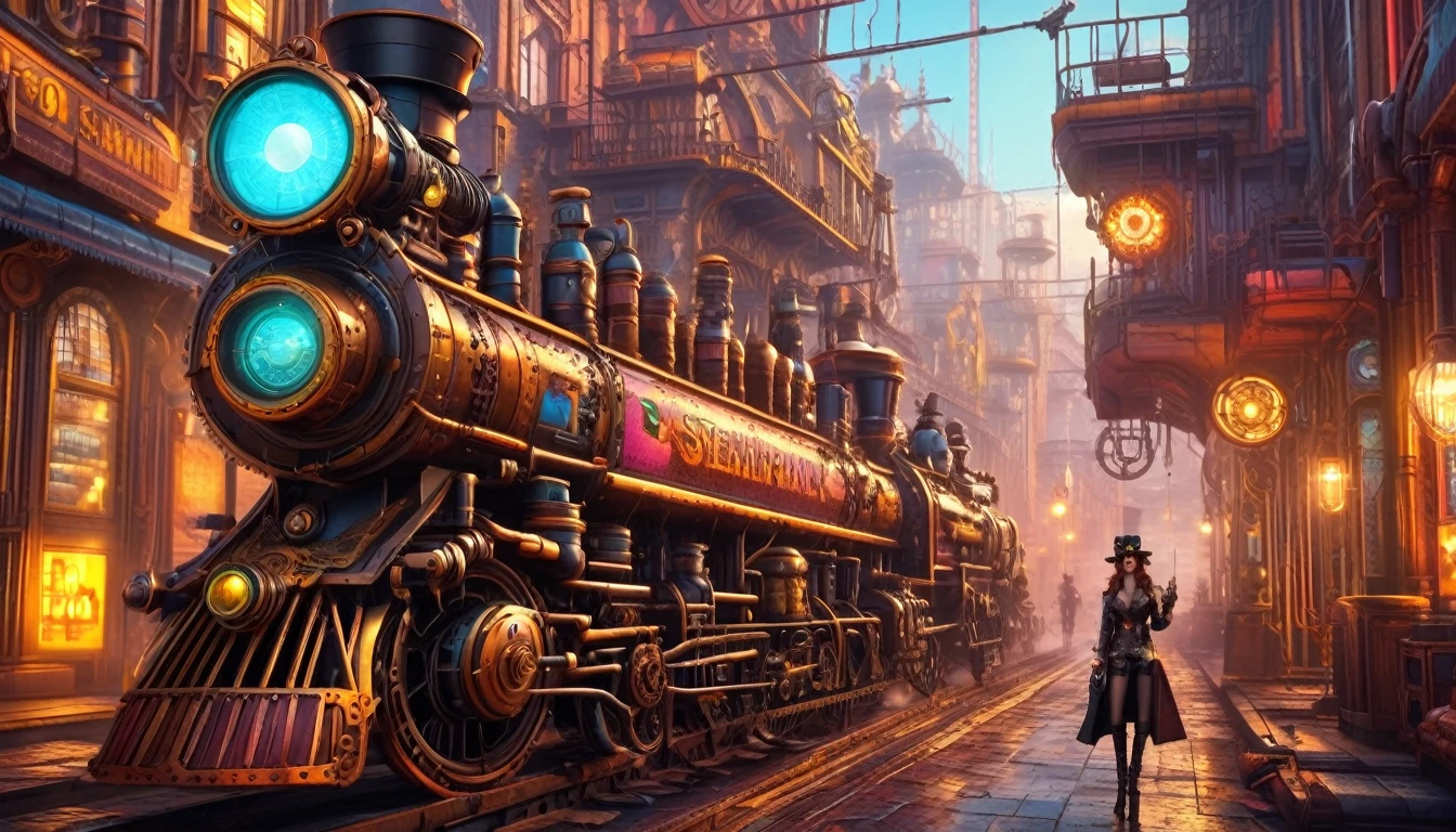 (Highest quality,8K,masterpiece:1.2),Super detailed,High resolution,steampunk:1.5 steampunk列車:1.5 and neon, Rebellious art, Sharp focus, Octane Rendering, Saturated colors, pastel colour, neon light,, neon, LED Smokey ((Crazy Science:1.5 wearing steampunk hat)), Mud Tile Style