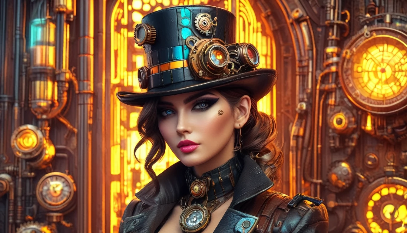 (Highest quality,8K,masterpiece:1.2),Super detailed,High resolution,steampunk:1.5 steampunk列車:1.5 and neon, Rebellious art, Sharp focus, Octane Rendering, Saturated colors, pastel colour, neon light,, neon, LED Smokey ((Crazy Science:1.5 wearing steampunk hat)), Mud Tile Style