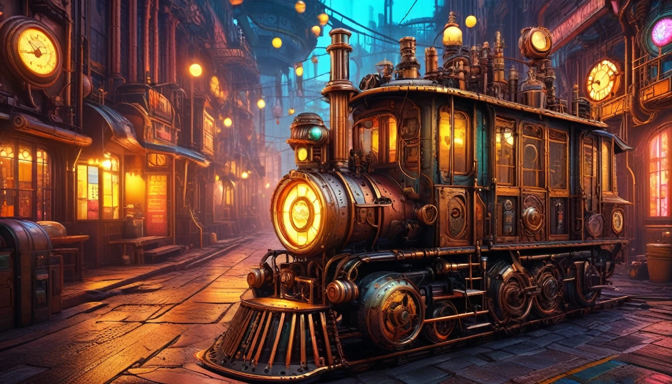 (Highest quality,8K,masterpiece:1.2),Super detailed,High resolution,steampunk:1.5 steampunk列車:1.5 and neon, Rebellious art, Sharp focus, Octane Rendering, Saturated colors, pastel colour, neon light,, neon, LED Smokey ((Crazy Science:1.5 wearing steampunk hat)), Mud Tile Style