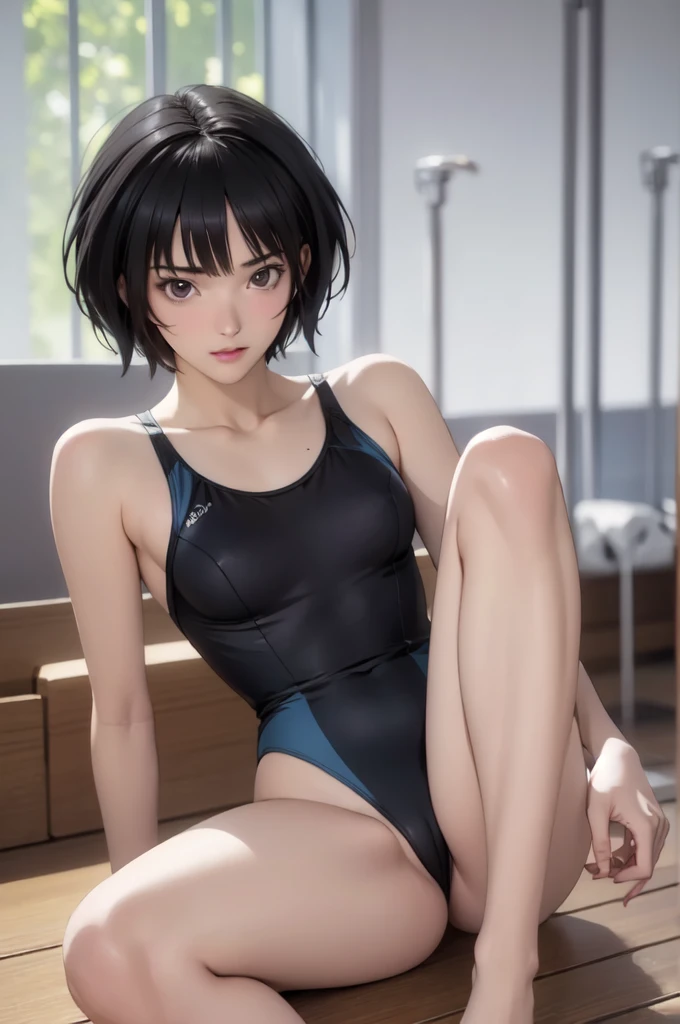 ((masterpiece, best quality)),((highres:1.2)), 1 Girl, solo, Blurred Background, (((Small breasts))), Thighs, (Stripe underwear), ((pixie cut:1.3)), (One piece swimsuit), pool, leg Spread