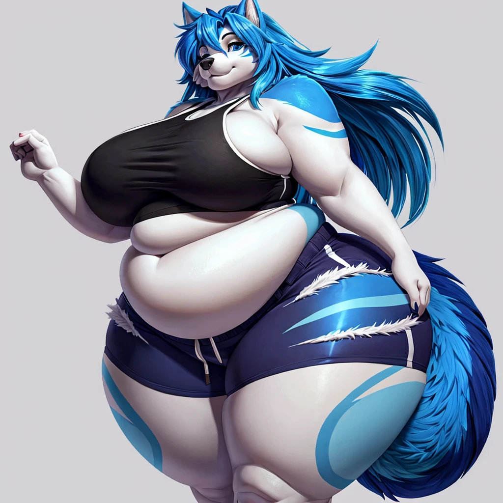Malamute, female, long hair, gorgeous, beautiful, eyelashes, voluptuous, plump, belly rolls, fat arms, fat legs, ,tank top, shorts ,huge saggy breasts ,fringe on eye,heavy top, huge hips huge thighs heavy bottom ,sports bra,sports shorts, simple background , obese, belly rolls, fat rolls, belly rolls,belly overhang,rolled up tail, blue body, light blue stripes,blue highlights ,white,whitehighlights, blue highlights, blue stripes,blue hair,huge butt, blue eyes,blue thigh markings,huge breasts,