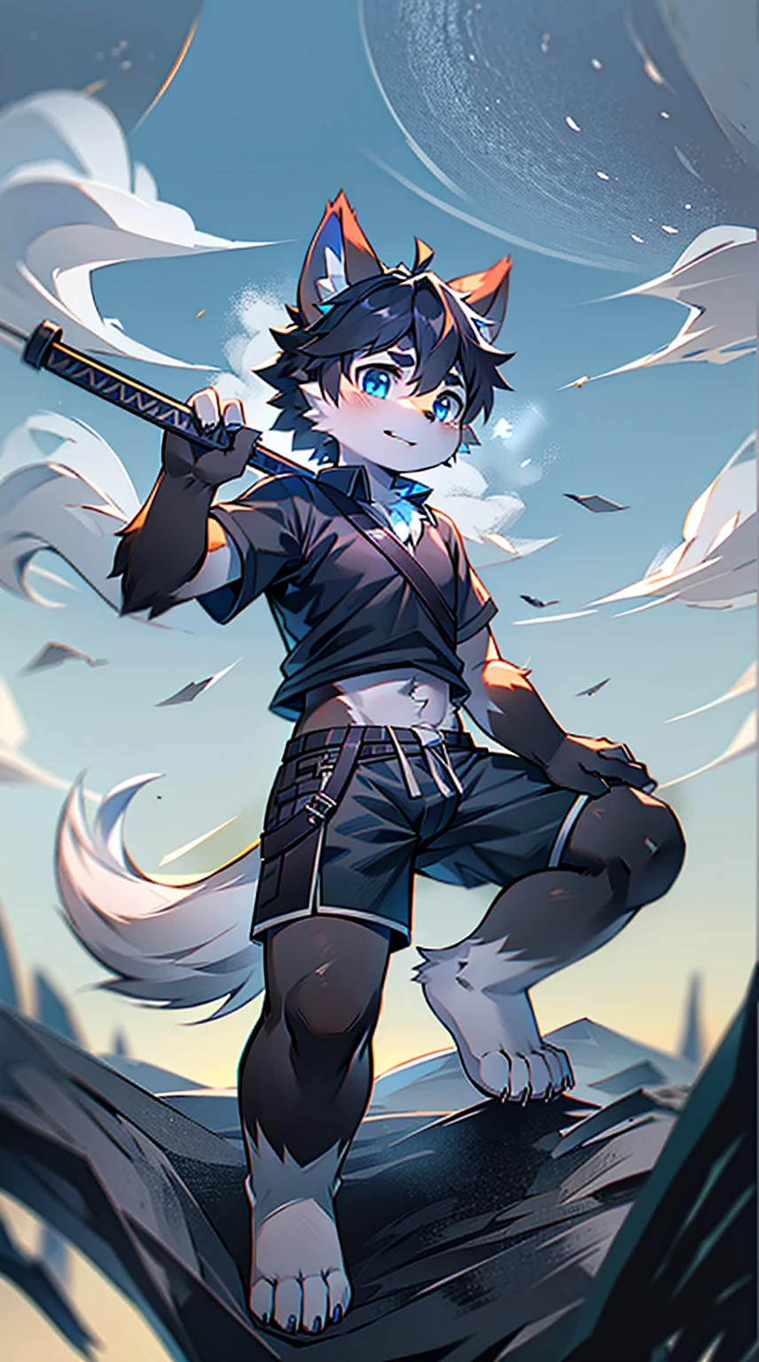 White Wolf，Black Hair，Sky blue eyes，hairy，Wolf's ears，Wolf Tail，Full body portrait，The character is in the center of the picture，hansome，Confident eyes***but，juvenile，Black and white combat uniform，Red collar bib，Black shorts，Short sleeve，hairy胳膊和腿，Dark background，Dark battlefield，dawn，sunrise，dawn，illumination，shadow，swordsman，The scabbard and the hilt held in the hand，Scabbard at waist，Highest quality