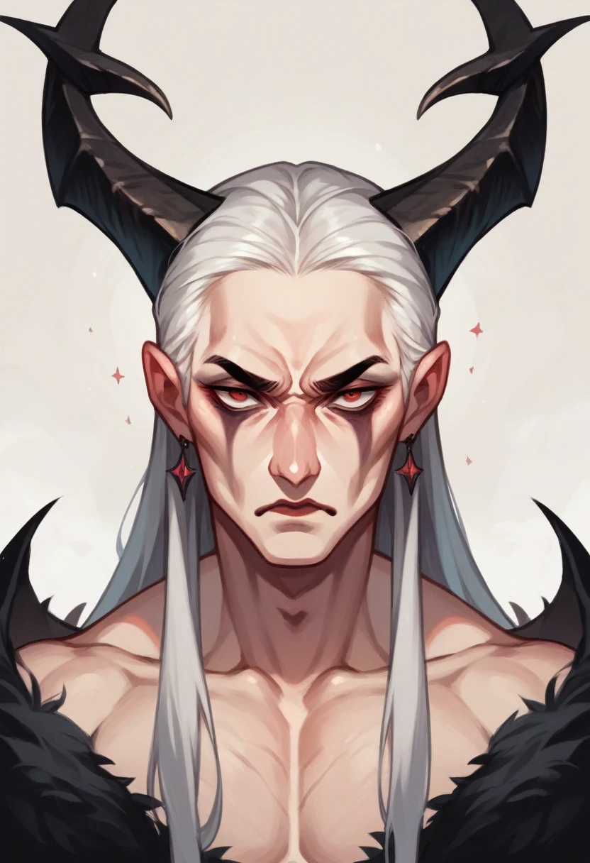 Male tiefling, 1male, colored skin, white skin, pale white skin, messy medium length hair, black hair, horns, devil, stern expression, dark knight