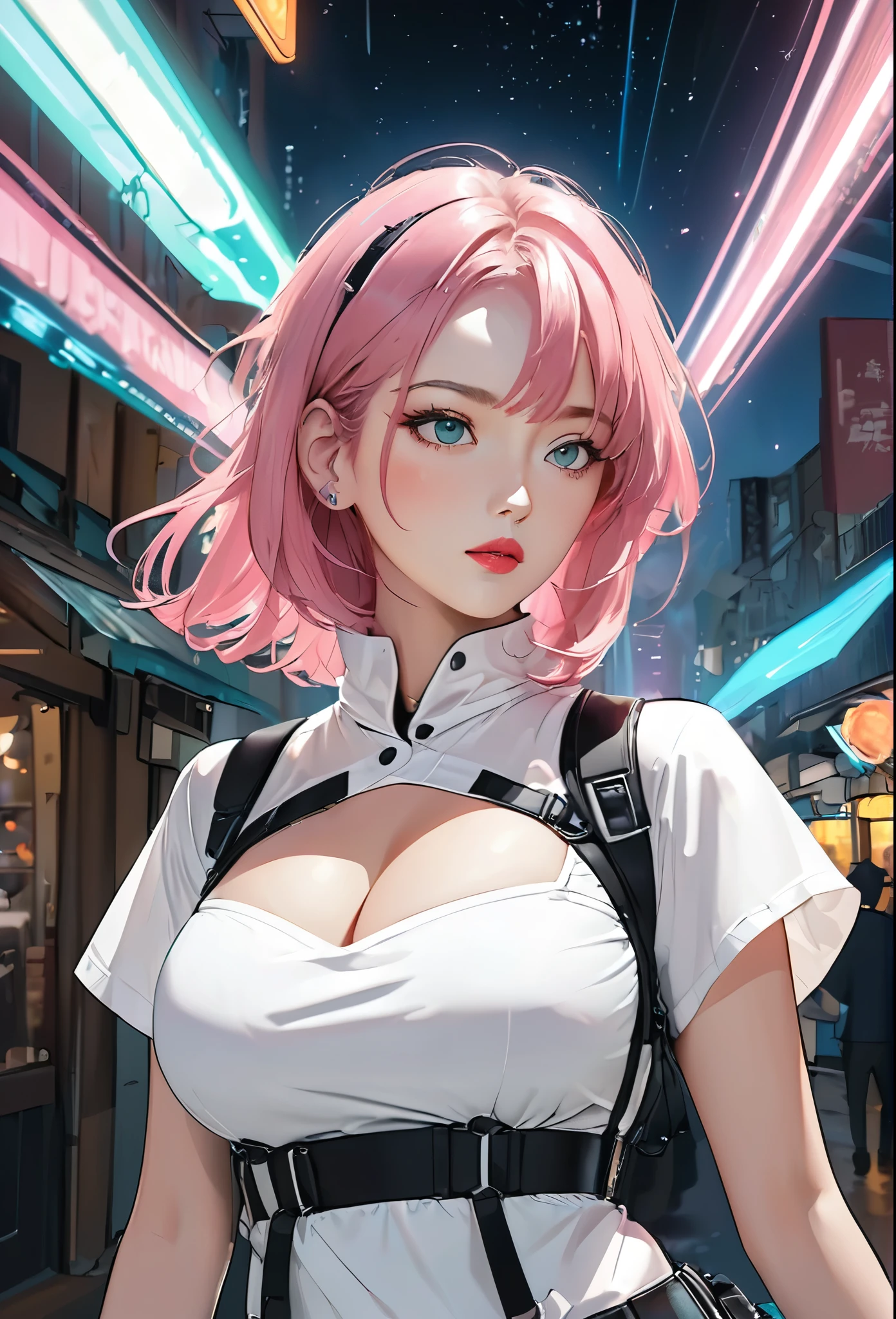 middle- girl，long pink hair, reddish-pink lips，In a bright white shirt，Pastel palette in aurora punk style，anime illustration of her face，Animated GIFs，Hand-drawn animation，Fascinating sketch，smooth and shiny，Foggy romanticism，Super flat style, photo background -- ar 1:1-niji 5-expressive style-with 50，cleavage，large breasts，Shoulder straps are detachable, universe in the background