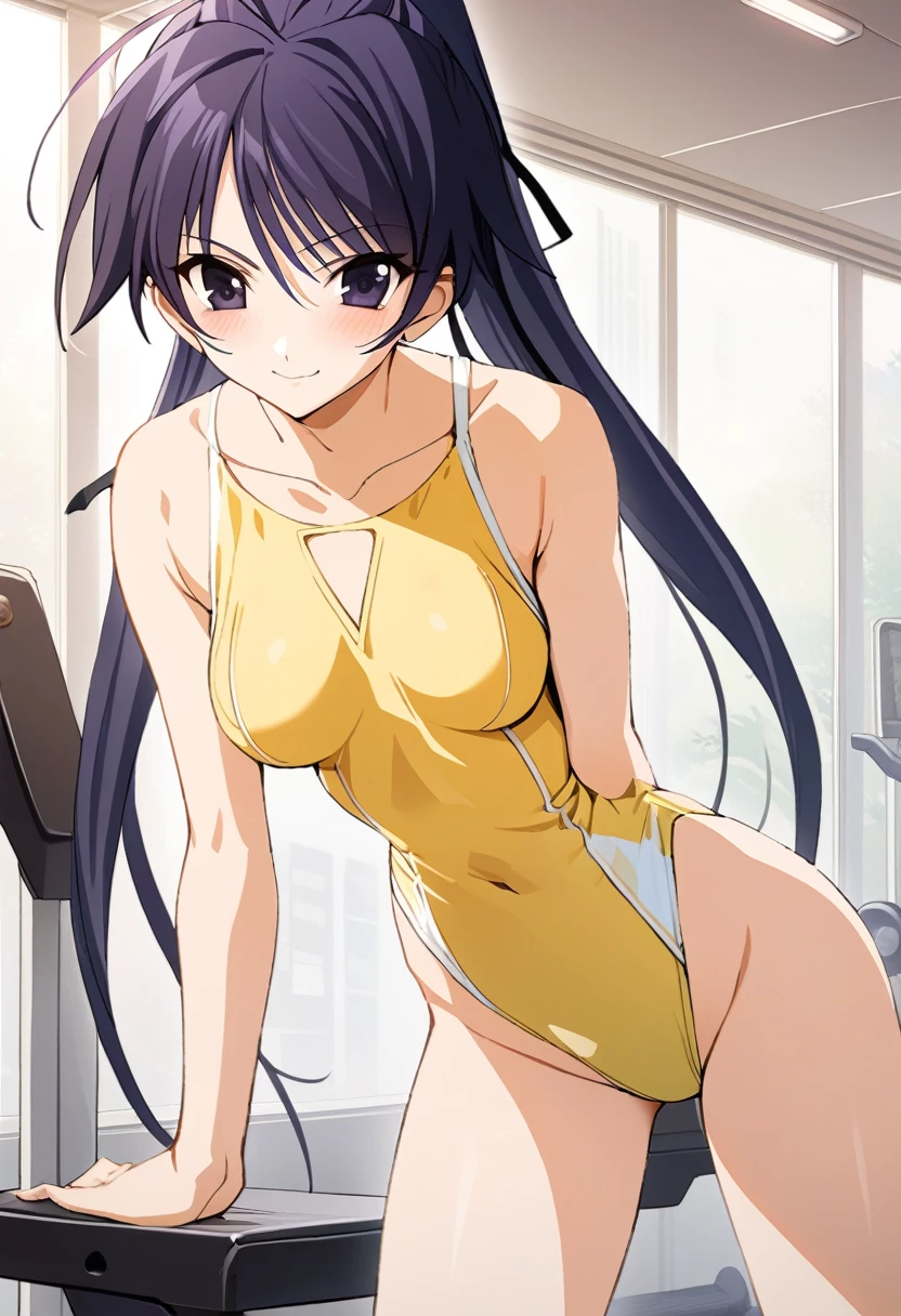 One girl,((takano)),smile、Gentle expression、Welcome、The whole body is shown、Sexy pose、gym、Light yellow leotard、Leg spread、A complete depiction of the human body,masterpiece, Highest quality, Game CG, ultra detailed、highres、extremely detailed CG