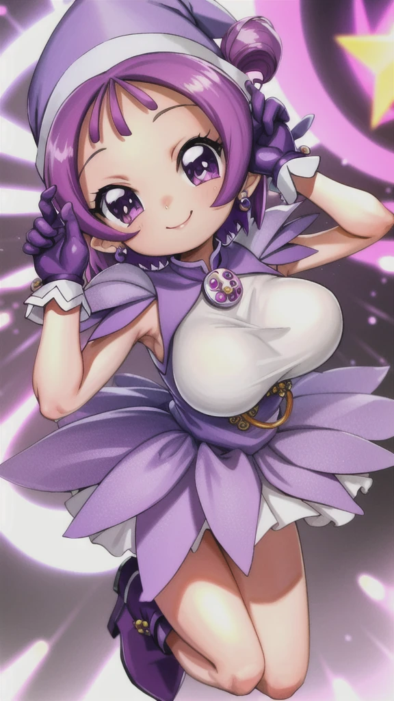 (bloom lighting), (smooth lighting), (smooth coloring), (smooth shading), (light particles),(bestquality),(masterpiece), game cg, 4K,(5 fingers:1.5),(***********), (ultimate cute girl), (segawa onpu), 1girl, (full body),purple hair, purple eyes, short hair, side ponytail, (onpuwitch01),(purple gloves:1.5), jewelry, purple hat, purple boots, earrings, compact (cosmetics), skirt, purple dress , (magical girl), (model pose), (smile), 、Big Breasts、In underwear、8th life、Provocative and erotic pose、