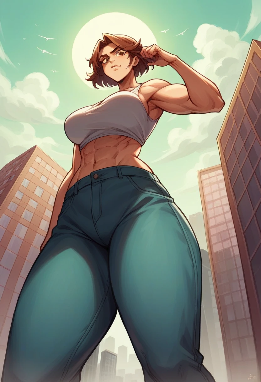 "A towering Giantess in a cool and laid-back hippie style is rocking a crop top and baggy pants. Her toned and athletic build hints at her massive strength. She seems to be casually strolling through the bustling cityscape of GTS City, as towering buildings loom overhead. Smoke and clouds roil around her, adding to the sense of epic scale and drama. The lighting is dark, gloomy, and realistic, creating a tense and ominous atmosphere. The perspective is from below, emphasizing the sheer majesty and power of the Giantess."