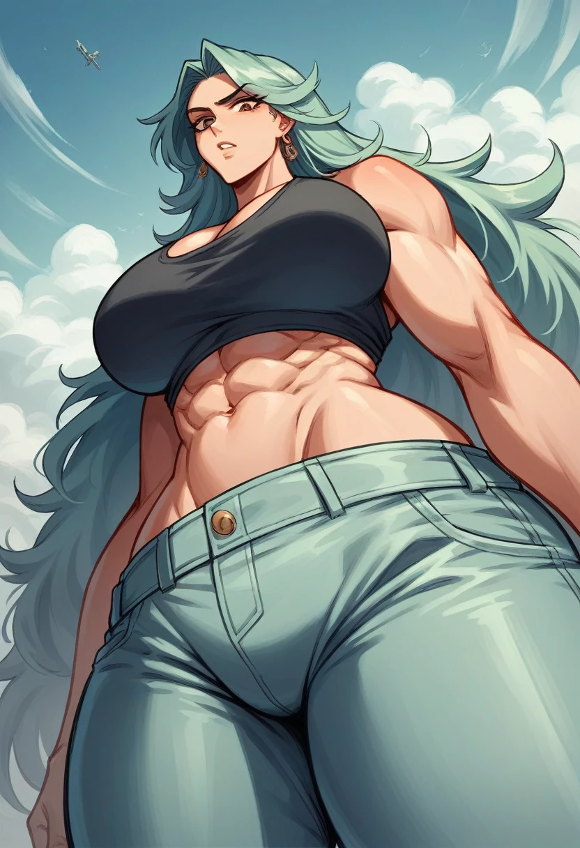 "A towering Giantess in a cool and laid-back hippie style is rocking a crop top and baggy pants. Her toned and athletic build hints at her massive strength. She seems to be casually strolling through the bustling cityscape of GTS City, as towering buildings loom overhead. Smoke and clouds roil around her, adding to the sense of epic scale and drama. The lighting is dark, gloomy, and realistic, creating a tense and ominous atmosphere. The perspective is from below, emphasizing the sheer majesty and power of the Giantess."