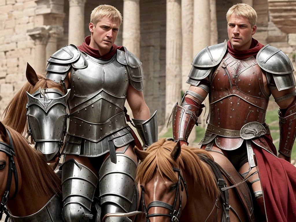 Ancient Rome. Muscular, with a carefully shaved face, without beard or mustache, handsome, in battle armor, blond centurion of the Roman army, 45 years old. He fucks in the ass a red-haired slave boy, , poorly dressed, who is in love with him. . There is joy and pleasure on the centurion's face