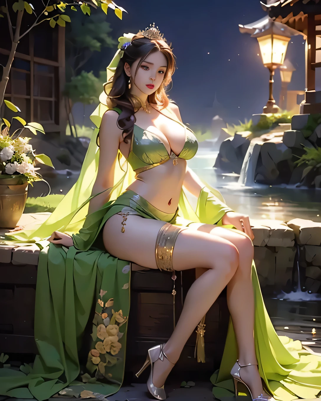 Best quality, masterpiece, meticulous detail, realistic, 1 girl, a hot beautiful princess sitting in the heavenly garden under the moonlight, big breast, big hips, long leg, sexy, full body, blissful in, sitting near river.