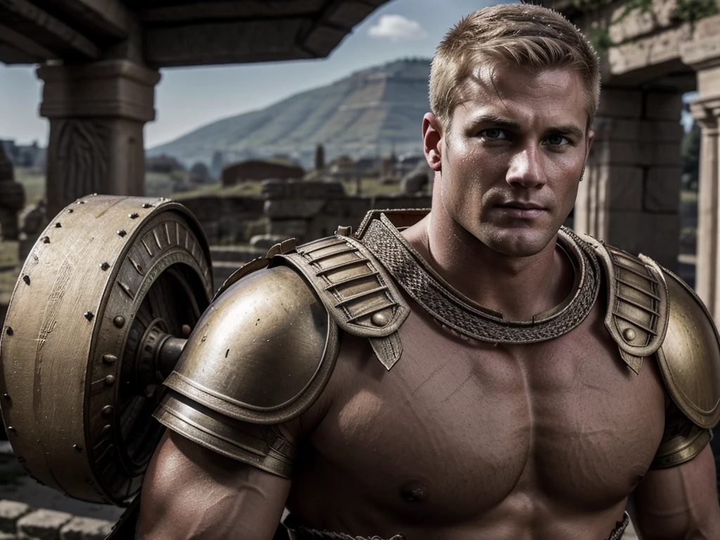 Ancient Rome. Muscular, with a carefully shaved face, without beard or mustache, handsome, in battle armor, blond centurion of the Roman army, 45 years old. He fucks in the ass a red-haired slave boy, , poorly dressed, who is in love with him. . There is joy and pleasure on the centurion's face