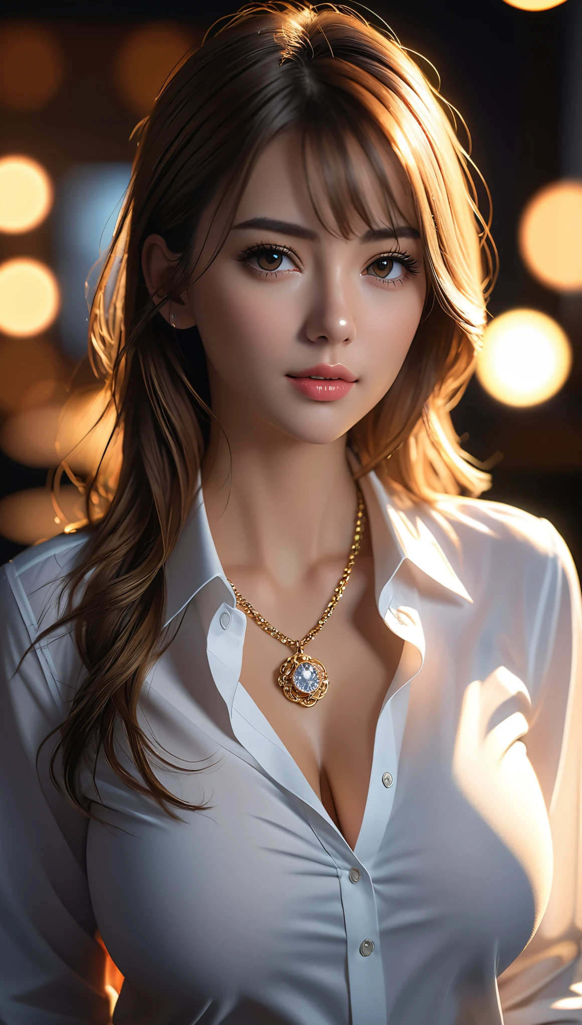 best quality, masterpiece, High resolution, a girl, Mens white collar shirt, necklace, jewelry, pretty face, big breasts, more than_Body, Tyndall effect, lifelike, dark studio, edge lighting, two-tone lighting, (HD skin: 1.2), 8K Ultra HD, SLR camera, soft light, high quality, Volumetric lighting, frank, photography, super high resolution, 8K, Bokeh, shallow depth of field