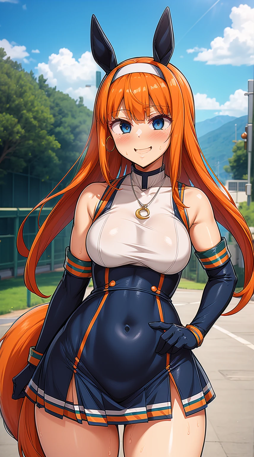 1girl, SilenceSIzuka, silence_suzuka_\(umamusume\), mature female, blue eyes, orange hair, (horse ears), horse girl, (horse tail:1.2), bangs, highly detailed clothes, heavy breathing, thick thighs, hoop earrings, necklace, jewelry, outdoors, smile, wearing microdress, bodycon, shiny dress, elbow gloves, miniskirt, waist cutout, o-rings, looking at viewer