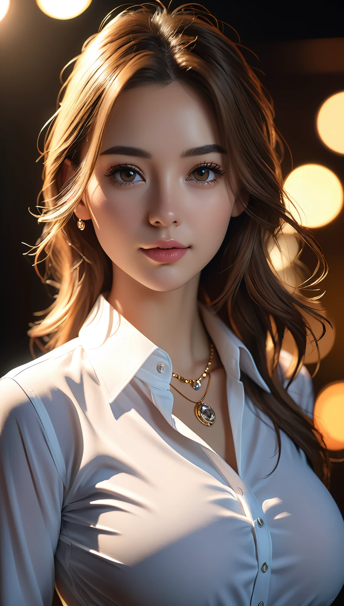 best quality, masterpiece, High resolution, a girl, Mens white collar shirt, necklace, jewelry, pretty face, big breasts, more than_Body, Tyndall effect, lifelike, dark studio, edge lighting, two-tone lighting, (HD skin: 1.2), 8K Ultra HD, SLR camera, soft light, high quality, Volumetric lighting, frank, photography, super high resolution, 8K, Bokeh, shallow depth of field