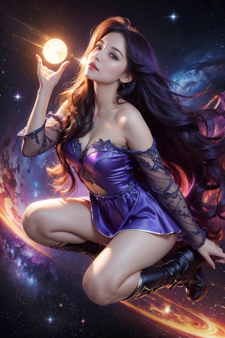 amazing looking young woman, cute, large eyes, looking up at space, whimsical, intricate, audaciously detailed fantasy, long wavy purple hair, 64 megapixels, 8K, HDR, charming, epic colors, painted by Fiona Staples, light and shadows, 4k, starry brilliance, HD, detailed fantasy, digital art (фотореализм, высокое качество, Деталь, шедевр, Лучшее качество:1.2), плиссированный (красный) (пухлый) юбка ((full knee length юбка)), черные ботинки