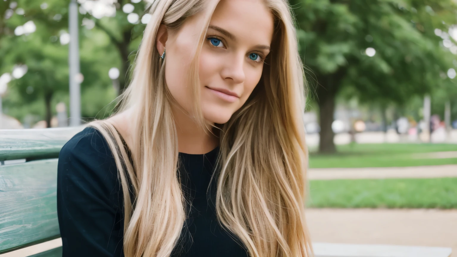 A young woman in her 20s, with long blonde hair and bright eyes, sits on a park bench, looking directly into the camera. his voice full of enthusiasm and a touch of nostalgia.