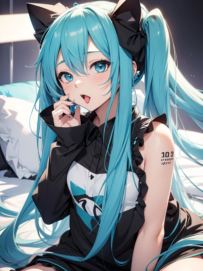 hatsune miku, black pijama, cat ears, showing the tongue