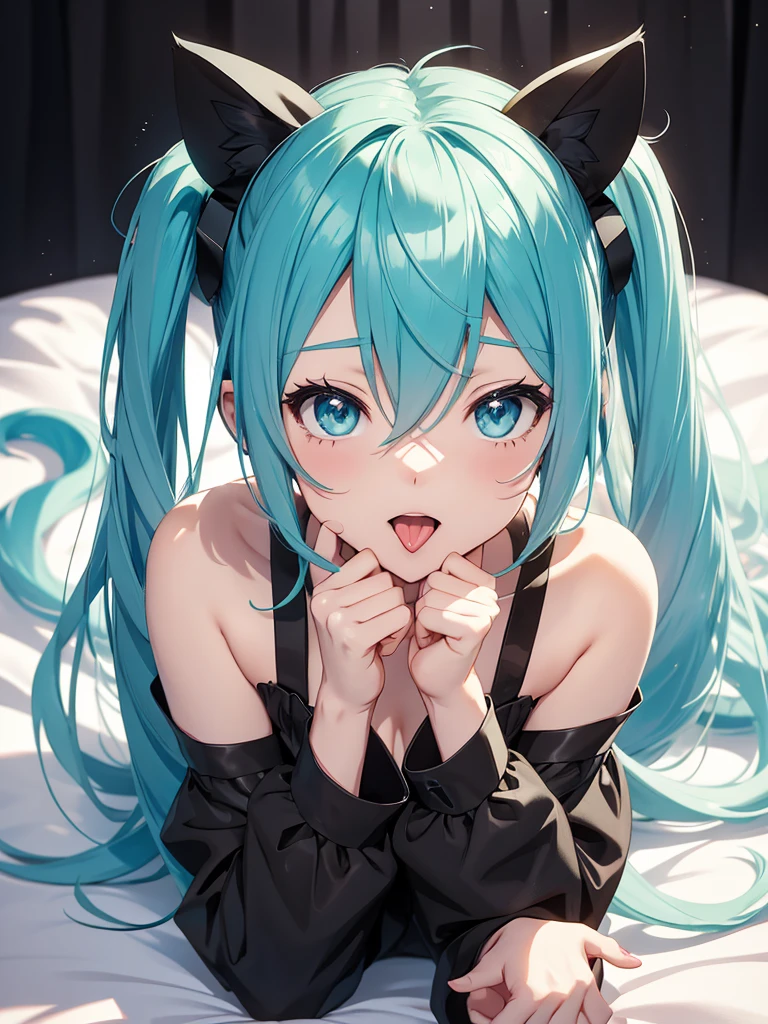 hatsune miku, black pijama, cat ears, showing the tongue