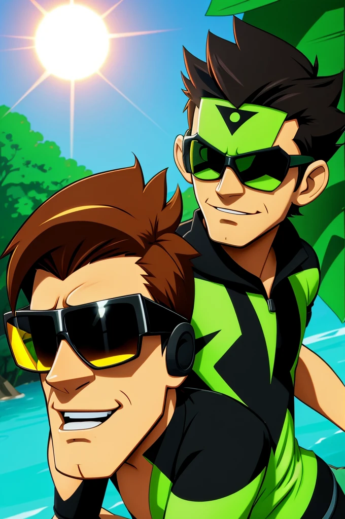 Cartoon anme character wearing hudi and sun glasse like ben10
