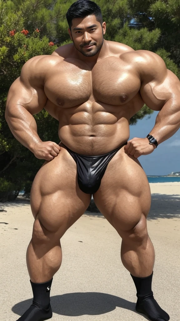 There is only one handsome Asian actor in the photo,35 years old,High target, Fitness,short hair, O-Shaped Beard,Perfect body, Dark skin color,Radiant Skin,Smooth skin,Muscle bulge, muscular, Very large pectoral muscles,Very sexy abdominal muscles,Very well-developed leg muscles,Huge concave and convex area,Brightens oily skin,Wearing a gold leather shiny thong,Handsome face, Correct and accurate male body proportions, Wear black socks,Holiday by the sea。