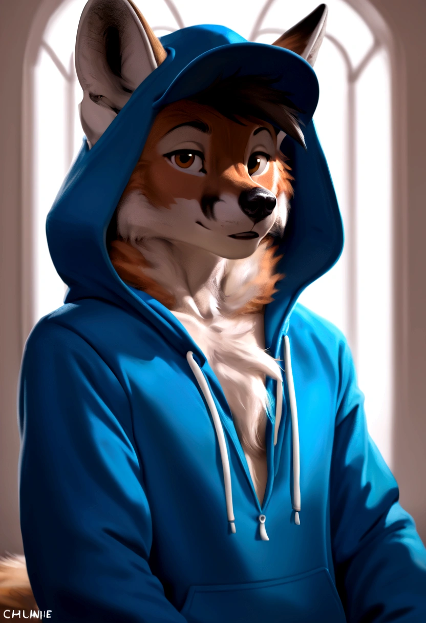 arafed wolf wearing a blue hoodie and a black hat, in a hoodie, thick furry neck and chest fluff, commission for high res, wearing a hoody, wearing a hoodie, wearing a blue hoodie, furry wolf, furry chest, casually dressed, furry fursona, an anthro wolf, pov furry art, fursona furry art commission, dressed casually