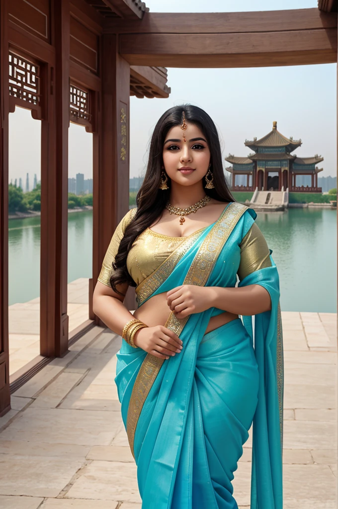 1 Heavenly beautiful and goddess beauty cute and sweet looking face Arabian female in front of Summer Palace, China, Heavenly beautiful Overweight, Heavenly beautiful Extremely fat, Heavenly beautiful and attractive Chubby figure , Heavenly beautiful looking and eye catching luxury style Bandhani Saree , reaching out, Heavenly beautiful Arabian woman, 16k, High resolution, masterpiece, highest quality, fine skin, outside view, Realistic Photograph, close up face view