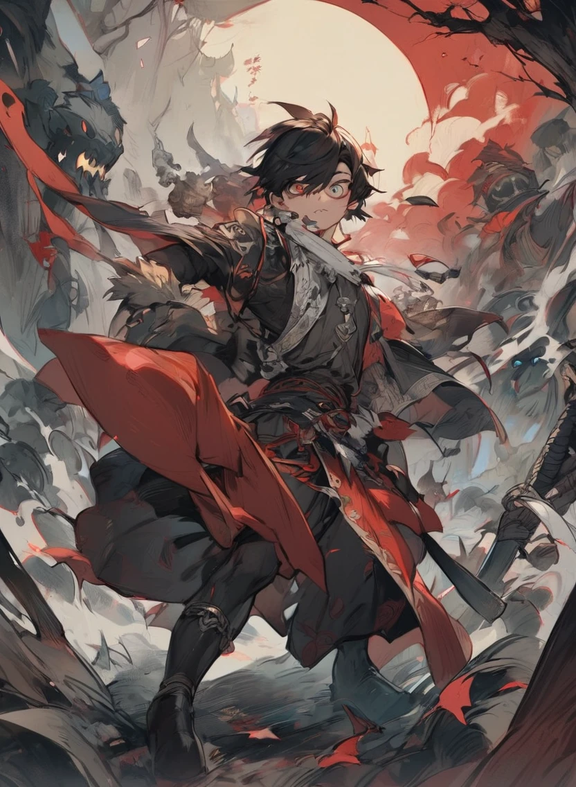 young man ,Male Dark, dark Woods,Red & Black colors, odd eye, samurai dnd, pirate background