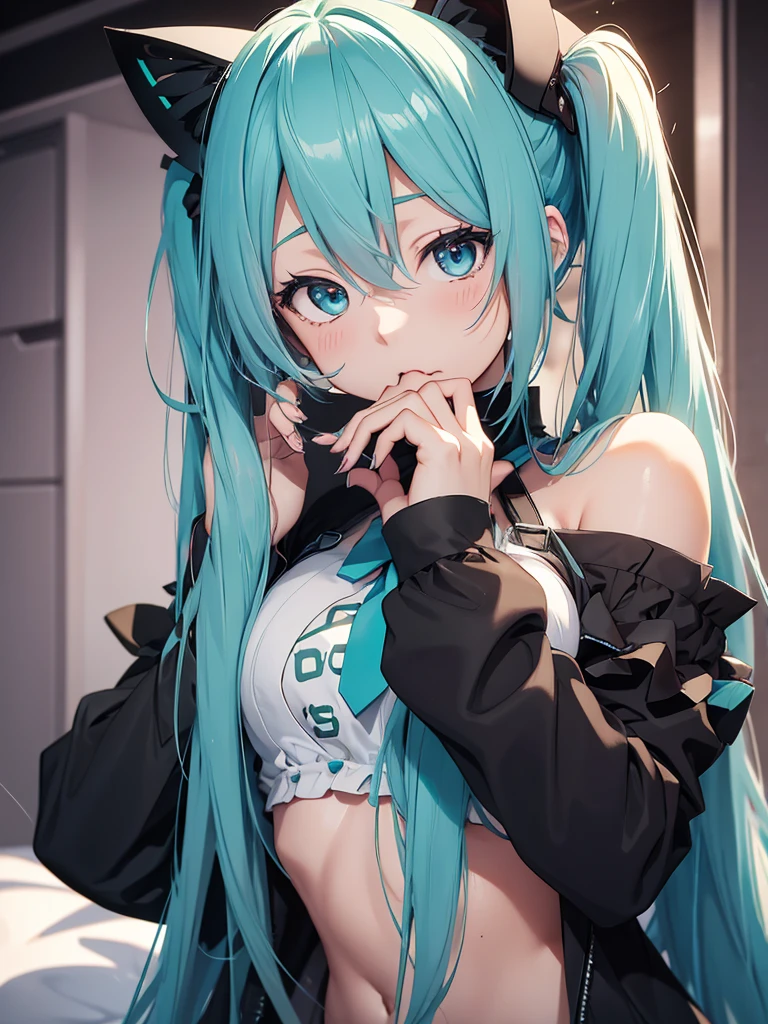 hatsune miku, black pijama, cat ears, sucking fingers