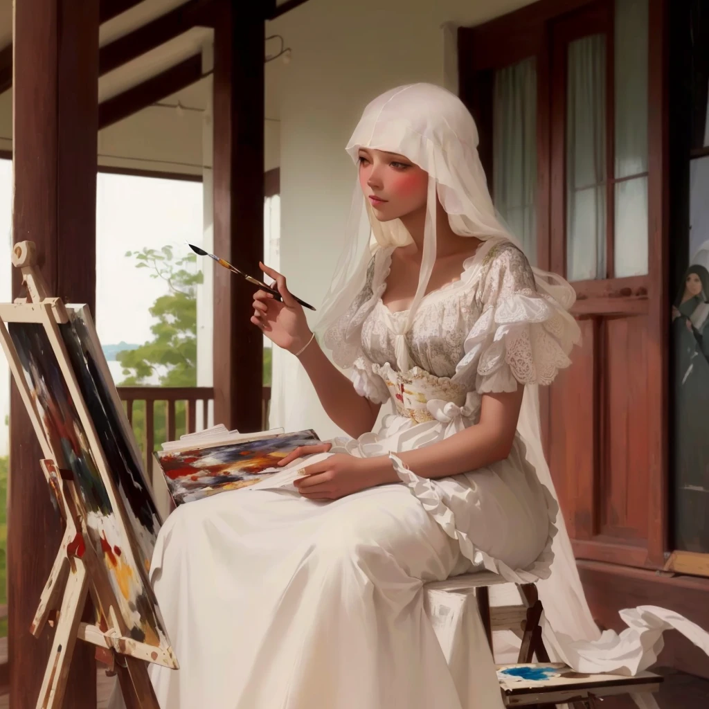 painting on easel with a woman in a white dress, inspired by Francesco Hayez, inspired by Richard Dadd, inspired by Raphael Kirchner, inspirado em Wilhelm Hammershøi, inspired by Johannes Vermeer, non-style artwork by guweiz, inspired by Tosa Mitsunobu, inspired by Konstantin Somov