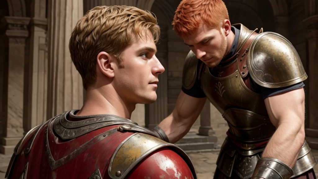 Ancient Rome. Muscular, with a carefully shaved face, without beard or mustache, handsome, in battle armor, blond centurion of the Roman army, 45 years old. He fucks in the ass a red-haired slave boy, 16 years old, poorly dressed, who is in love with him. . There is joy and pleasure on the centurion's face