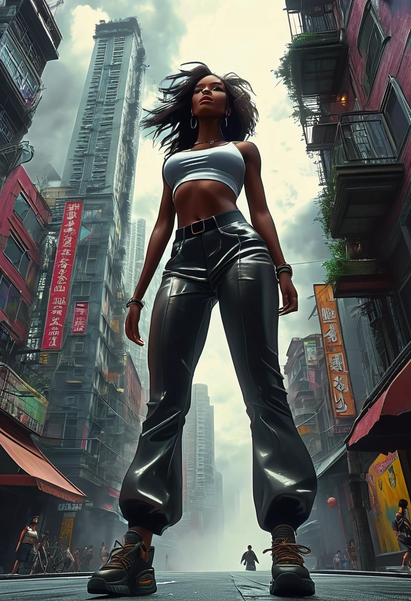 "A towering Giantess in a cool and laid-back hippie style is rocking a crop top and baggy pants. Her toned and athletic build hints at her massive strength. She seems to be casually strolling through the bustling cityscape of GTS City, as towering buildings loom overhead. Smoke and clouds roil around her, adding to the sense of epic scale and drama. The lighting is dark, gloomy, and realistic, creating a tense and ominous atmosphere. The perspective is from below, emphasizing the sheer majesty and power of the Giantess."