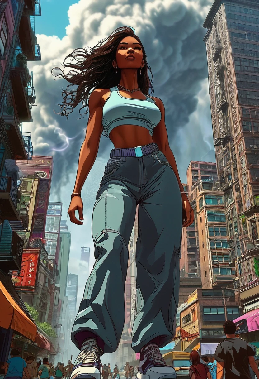 arafed woman in blue top and green pants posing on a cliff, concept art by Mark Arian, trending on cg society, afrofuturism, qiyana, symmetra from overwatch, artgerm julie bell beeple, with blue skin, samira from league of legends, alena aenami and artgerm, aly fell and artgerm