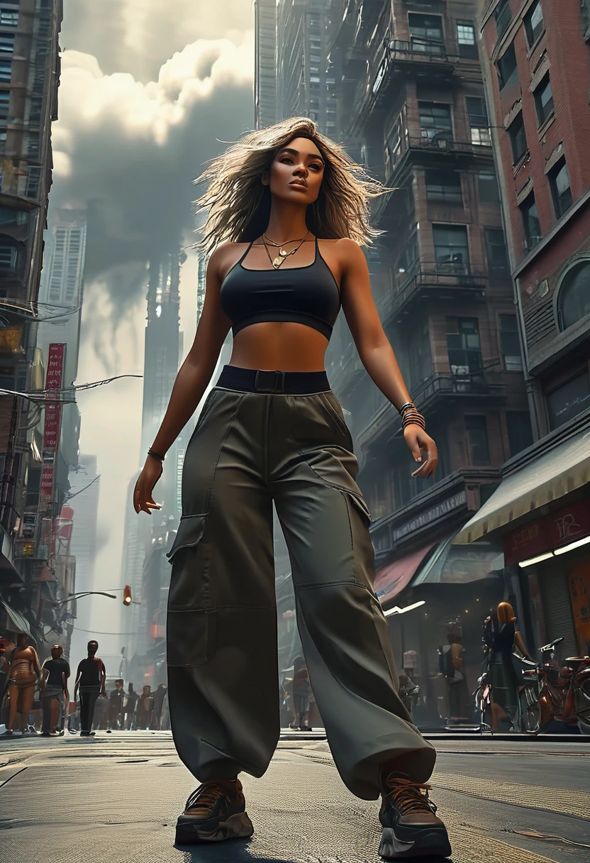 "A towering Giantess in a cool and laid-back hippie style is rocking a crop top and baggy pants. Her toned and athletic build hints at her massive strength. She seems to be casually strolling through the bustling cityscape of GTS City, as towering buildings loom overhead. Smoke and clouds roil around her, adding to the sense of epic scale and drama. The lighting is dark, gloomy, and realistic, creating a tense and ominous atmosphere. The perspective is from below, emphasizing the sheer majesty and power of the Giantess."