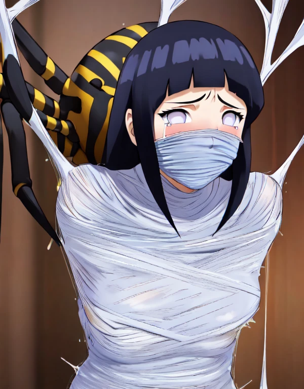masterpiece, best quality, 1girl, solo, looking at viewer, hinata\(shippuden\), length hair, floating hair,large breasts , breasts out, (arms behind back:1.4), hanging,spiders in the web,long spider, Hinata, desperate,struggle, entangled, scared face, crying despair,cocoon, blushing face, fucked by spider, (spider touching her), silk gagged