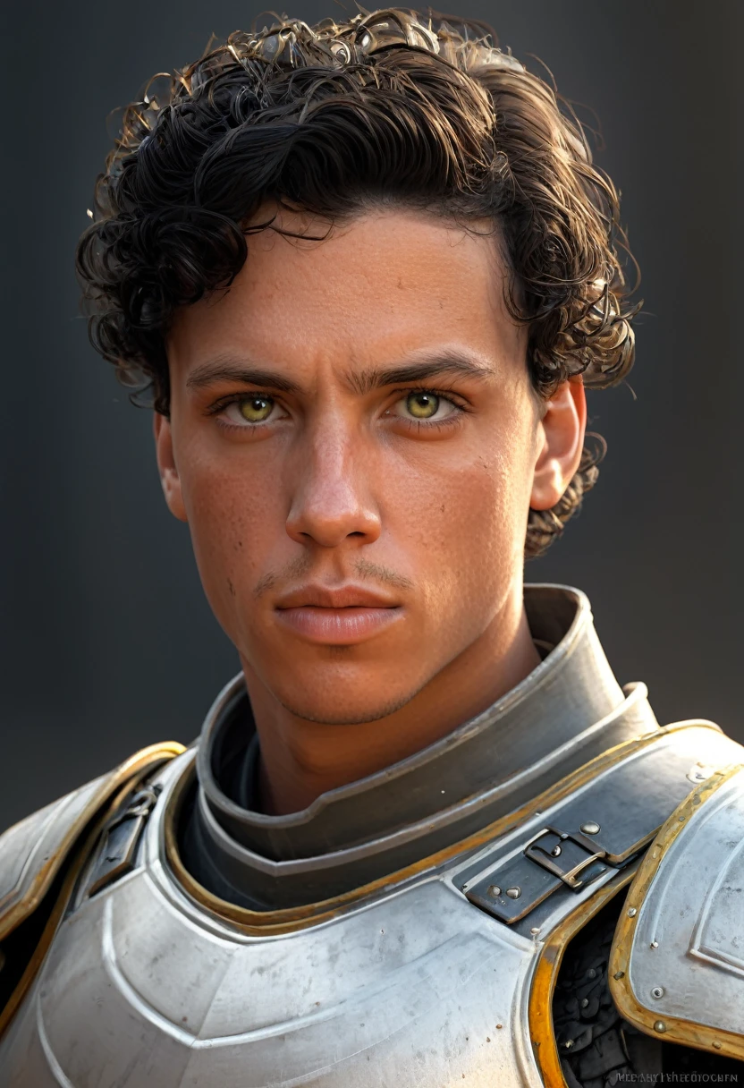 a portrait of a nervous young man with short curly black hair, yellow eyes, and soft features, wearing fine medieval orange and white armor, character portrait by senior character artist, Artstation, fantasy art, stunning character art, fantasy concept art portrait, epic exquisite character art, character portrait art, fantasy character portrait, fantasy male portrait, character concept art portrait, character art portrait, beautiful man, (muted natural colors: 1.3), 1 critical role, human ears, muscular