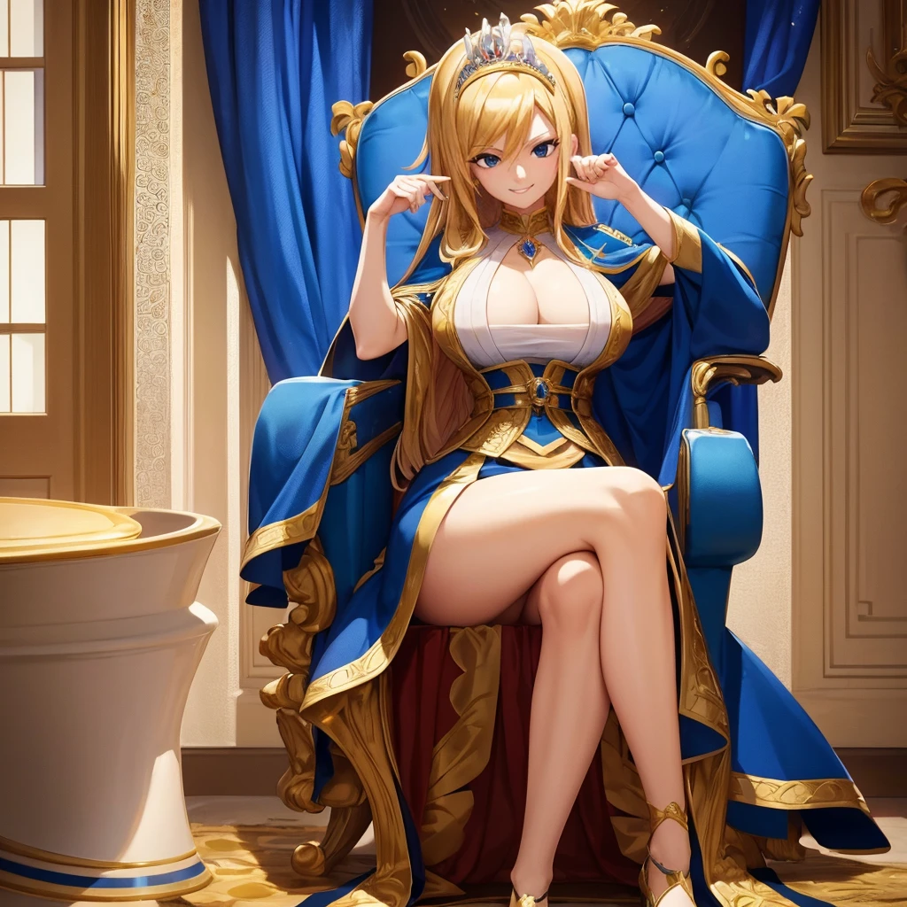 Your influencer character(milf with blond hair) Dressed like a queen. smiling sitting on the throne. Detailed anime style with vibrant colors and dynamic perspective.