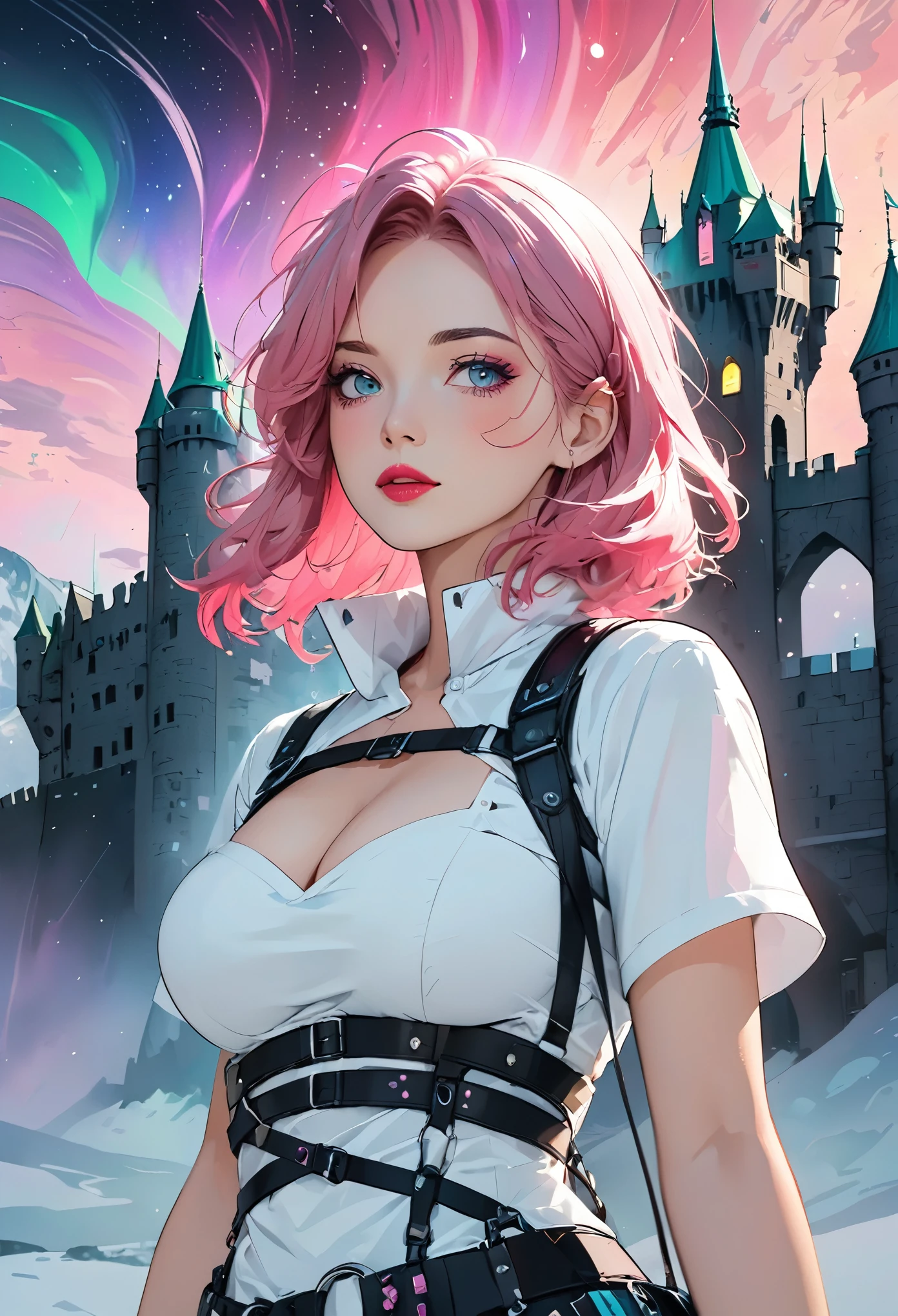 middle-aged girl，long pink hair, reddish-pink lips，In a bright white shirt，Pastel palette in aurora punk style，anime illustration of her face，Animated GIFs，Hand-drawn animation，Fascinating sketch，smooth and shiny，Foggy romanticism，Super flat style, universe background -- ar 1:1-niji 5-expressive style-with 50，cleavage，large breasts，Shoulder straps are detachable, castle in the background