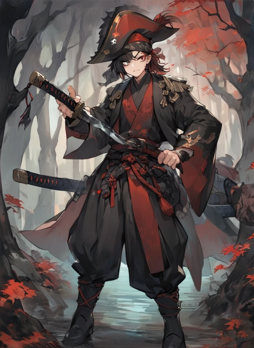 young man ,Male Dark, dark Woods,Red & Black colors, odd eye, samurai dnd, pirate background, hold katana in right hand