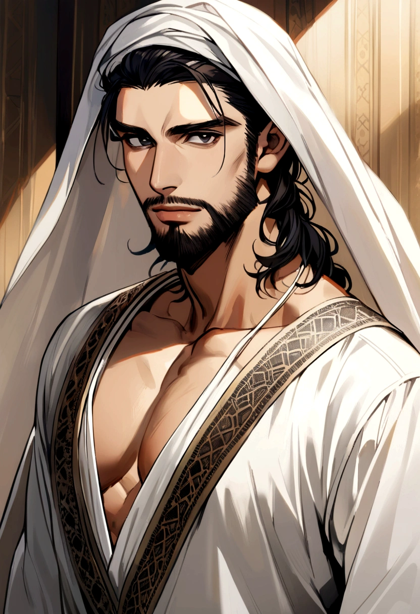 man, 30 years old, black hair and beard, black eyes, masculine body, handsome, charming, Arab, typical Arab clothing