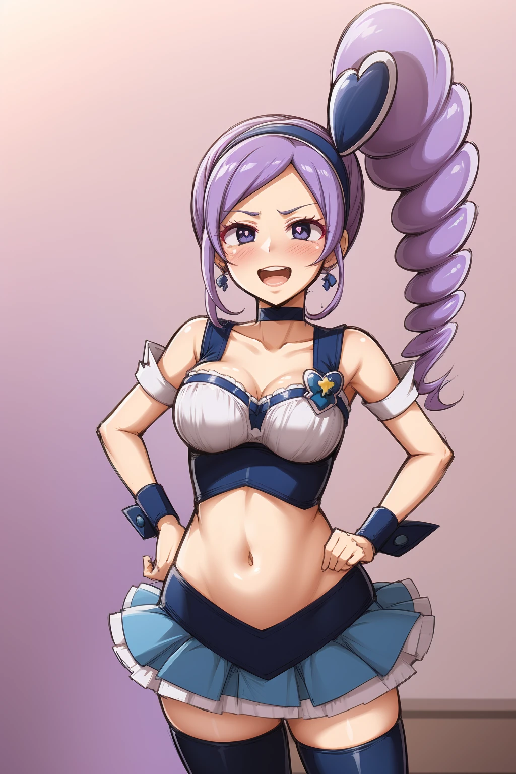 cure berry, precure, wrist cuffs, blue skirt, black latex dress, side ponytail, blue boots, gem, hairband, navy thighhighs, blue ribbon, navel, floral background, corruption, NTRGAO, empty eyes, half-closed eyes, evil smile, no pupils, crazy smile, open mouth, 1girl,  milf, married woman, dark magical girl