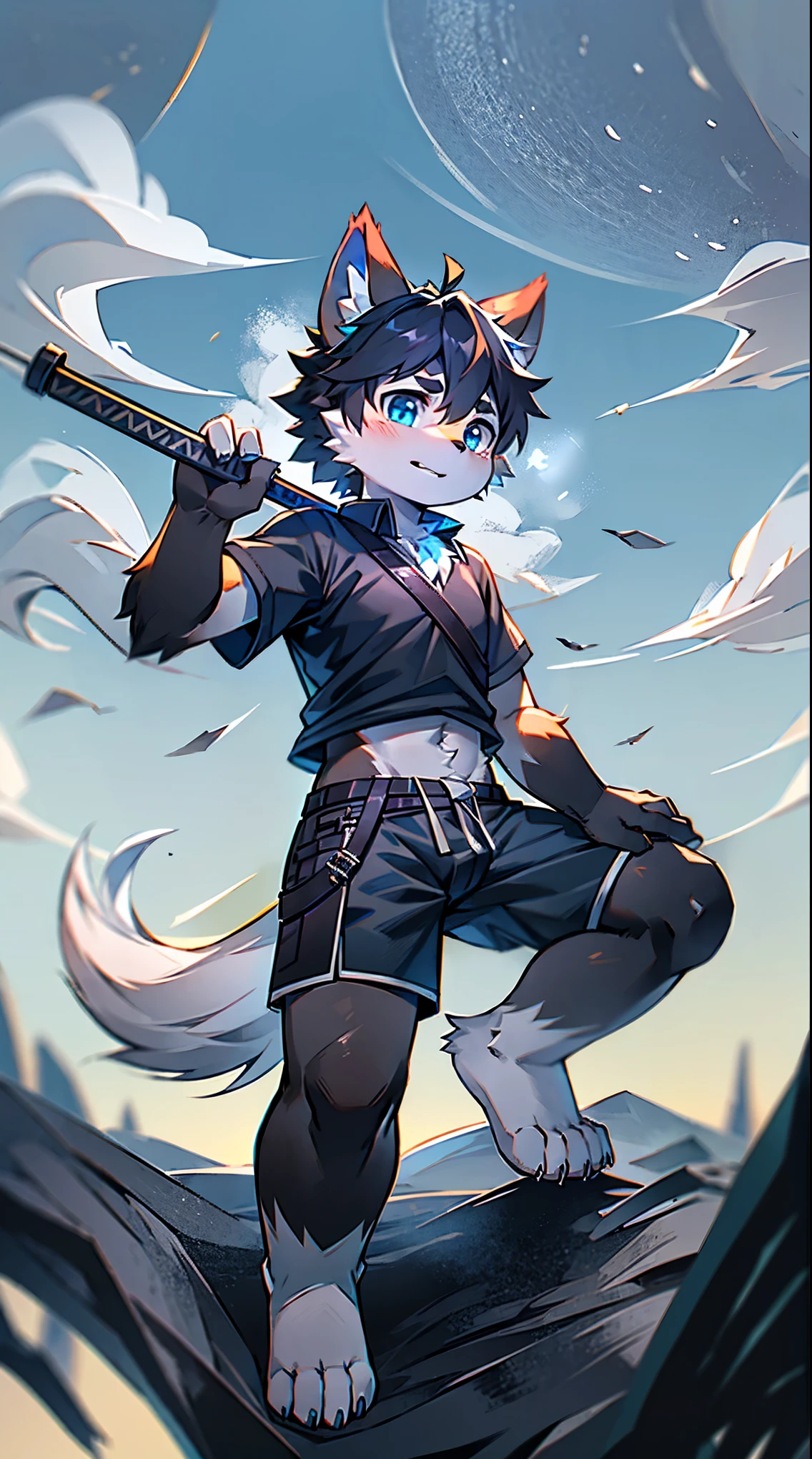 White Wolf,Black Hair,Sky blue eyes,hairy,Wolf's ears,Wolf Tail,Full body portrait,The character is in the center of the picture,hansome,Confident eyes***but,juvenile,Black and white combat uniform,Red collar bib,Black shorts,Short sleeve,hairy胳膊和腿,Dark background,Dark battlefield,dawn,sunrise,dawn,illumination,shadow,swordsman,The scabbard and the hilt held in the hand,Scabbard at waist,Highest quality