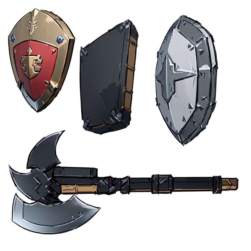Close-up of a weapon with a shield and sword, RPG Game Items, rpg game inventory item, Weapon concept art, Weapon Concept Design, Fantasy RPG Weapon Art, holding weapon and shield, Weapon concept art, Hearthstone weapon art, Makeshift weapons, RPG Items, Weapon Design, object concept art, video Game Assets, Game Assets, tabletop game props